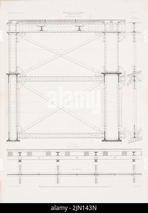 Hartwich, Rheinbrücke, Koblenz. (Aus: Atlas zur Zeitschrift für Bauwesen, hrsg. v. G. Erbkam, Jg. 14, 1864.) (1864-1864): Schneidet den Überbau. Stich auf Papier, 61,7 x 45 cm (inklusive Scan-Kanten) Hartwich Emil Hermann (1802-1879): Rheinbrücke, Koblenz. (Aus: Atlas zur Zeitschrift für Bauwesen, hrsg. v. G. Erbkam, Jg. 14, 1864) Stockfoto