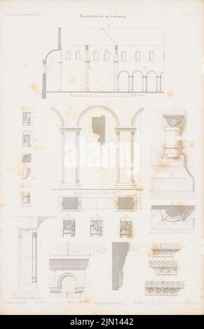 Sprenger E., Klosterkirche, Lausnitz. (Aus: Atlas zur Zeitschrift für Bauen, Hrsg. v. G. Erbkam, geboren 13, 1863.) (1863-1863): Längsschnitt, Details. Stich auf Papier, 45,7 x 29,5 cm (inklusive Scankanten) Sprenger E. : Klosterkirche, Lausnitz. (Aus: Atlas zur Zeitschrift für Bauwesen, hrsg. v. G. Erbkam, Jg. 13, 1863) Stockfoto