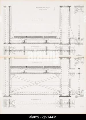 Hartwich, Rheinbrücke, Koblenz. (Aus: Atlas zur Zeitschrift für Bauen, Hrsg. v. G. Erbkam, geboren 14, 1864.) (1864-1864): Grundriss, Ansichten Überbau. Stich auf Papier, 59,4 x 44,8 cm (inklusive Scan-Kanten) Hartwich Emil Hermann (1802-1879): Rheinbrücke, Koblenz. (Aus: Atlas zur Zeitschrift für Bauwesen, hrsg. v. G. Erbkam, Jg. 14, 1864) Stockfoto