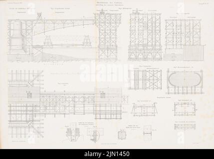 Hartwich Emil Hermann (1802-1879), Rheinbrücke, Koblenz. (Aus: Atlas zur Zeitschrift für Bauwesen, hrsg. v. G. Erbkam, Jg. 14, 1864): Grundrisse, Aussichten, Details. Stich auf Papier, 44,9 x 64,2 cm (einschließlich Scankante). Architekturmuseum der Technischen Universität Berlin Inv. Nr. ZFB 14,056. Hartwich Emil Hermann (1802-1879): Rheinbrücke, Koblenz. (Aus: Atlas zur Zeitschrift für Bauwesen, hrsg. v. G. Erbkam, Jg. 14, 1864) Stockfoto