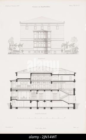 Raschdorff Julius (1823-1914), Kino, Saarbrücken. (Aus: Atlas zur Zeitschrift für Bauen, Hrsg. v. G. Erbkam, geboren 19, 1869.) (1869-1869): Blick vom Süden, Längsschnitt. Stich auf Papier, 44,1 x 28,5 cm (inklusive Scan-Kanten) Raschdorff Julius (1823-1914): Kino, Saarbrücken. (Aus: Atlas zur Zeitschrift für Bauwesen, hrsg. v. G. Erbkam, Jg. 19, 1869) Stockfoto