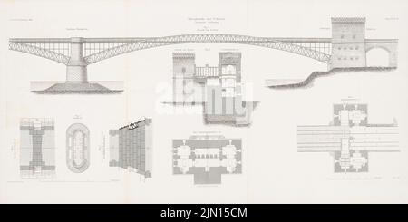 Hartwich Emil Hermann (1802-1879), Rheinbrücke, Koblenz. (Aus: Atlas zur Zeitschrift für Bauwesen, hrsg. v. G. Erbkam, Jg. 14, 1864): Grundrisse und Ausblicke. Stich auf Papier, 44,9 x 89,9 cm (einschließlich Scankante). Architekturmuseum der Technischen Universität Berlin Inv. Nr. ZFB 14,048. Hartwich Emil Hermann (1802-1879): Rheinbrücke, Koblenz. (Aus: Atlas zur Zeitschrift für Bauwesen, hrsg. v. G. Erbkam, Jg. 14, 1864) Stockfoto