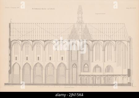 Laspeyres P., St. Catharinen-Kirche, Lübeck. (Aus: Atlas zur Zeitschrift für Bauwesen, hrsg. v. G. Erbkam, Jg. 21, 1871.) (1871-1871): Längsschnitt. Stich auf Papier, 29,1 x 43,9 cm (inklusive Scankanten) Laspeyres P. : Katharinenkirche, Lübeck. (Aus: Atlas zur Zeitschrift für Bauwesen, hrsg. v. G. Erbkam, Jg. 21, 1871) Stockfoto