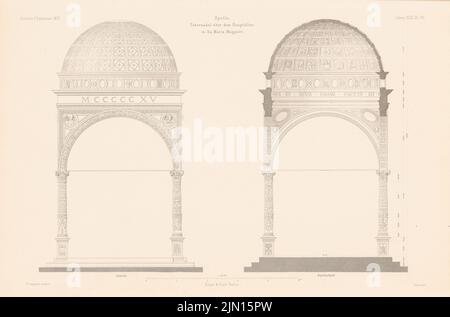 Laspeyres P., Tabernakel über dem Hauptaltar in Maria Maggiore, Spello. (Aus: Atlas zur Zeitschrift für Bauen, Hrsg. v. G. Erbkam, geboren 23, 1873.) (1873-1873): Ansicht, Schnitt. Stich auf Papier, 28,8 x 43,5 cm (inklusive Scanränder) Laspeyres P. : Tabernakel über dem Hauptaltar in Maria Maggiore, Spello. (Aus: Atlas zur Zeitschrift für Bauwesen, hrsg. v. G. Erbkam, Jg. 23, 1873) Stockfoto