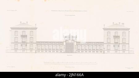 Gropius & Schmieden, Städtisches Allgemeinkrankenhaus, Berlin-Friedrichshain. (Aus: Atlas zur Zeitschrift für Bauwesen, hrsg. v. G. Erbkam, Jg. 25, 1875.) (1875-1875): Blick von der Hauptseite der Verwaltungsgebäude. Stich auf Papier, 29,7 x 57,3 cm (inklusive Scan-Kanten) Gropius & Schmieden : Städtisches Allgemeines Krankenhaus, Berlin-Friedrichshain. (Aus: Atlas zur Zeitschrift für Bauwesen, hrsg. v. G. Erbkam, Jg. 25, 1875) Stockfoto