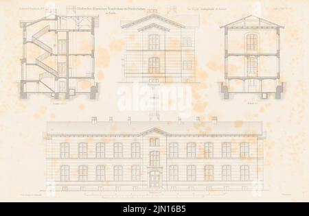 Gropius & Schmieden, Städtisches Allgemeinkrankenhaus, Berlin-Friedrichshain. (Aus: Atlas zur Zeitschrift für Bauwesen, hrsg. v. G. Erbkam, Jg. 25, 1875.) (1875-1875): Ansicht von der Hauptseite, Seitenansicht, Trennende Gebäude schneiden. Stich auf Papier, 29,7 x 45,3 cm (inklusive Scan-Kanten) Gropius & Schmieden : Städtisches Allgemeines Krankenhaus, Berlin-Friedrichshain. (Aus: Atlas zur Zeitschrift für Bauwesen, hrsg. v. G. Erbkam, Jg. 25, 1875) Stockfoto