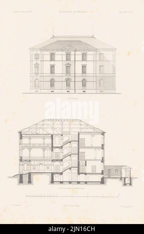 Gottschaldt A., Realschule, Zwickau. (Aus: Atlas zur Zeitschrift für Gebäude, hrsg. v. F. Endell, Jg. 26, 1876.) (1876-1876): Blick von der Gießseite, Querschnitt. Stich auf Papier, 45 x 28,9 cm (inklusive Scankanten) Gottschaldt Alwin (1834-1924): Realschule, Zwickau. (Aus: Atlas zur Zeitschrift für Bauwesen, hrsg. v. F. Endell, Jg. 26, 1876) Stockfoto