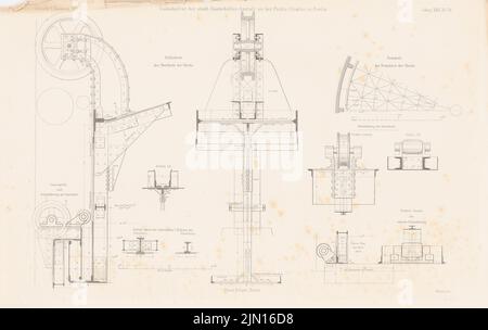 Strack Heinrich (1841-1912), Thorn-Insterburger Bahn. Weichselbrücke bei Thorn. (Aus: Atlas zur Zeitschrift für Gebäude, hrsg. v. F. Endell, Jg. 26, 1876.) (1876-1876): Grundriß, Aussicht, Details. Stich auf Papier, 28,3 x 44,9 cm (inklusive Scankanten) Strack Heinrich (1841-1912): Thorn-Insterburger Eisenbahn. Weichselbrücke, Thorn. (Aus: Atlas zur Zeitschrift für Bauwesen, hrsg. v. F. Endell, Jg. 26, 1876) Stockfoto