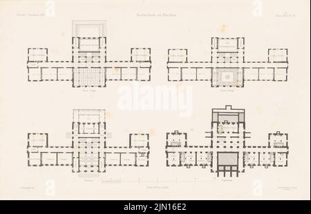 Gottschaldt A., Realschule, Zwickau. (Aus: Atlas zur Zeitschrift für Gebäude, hrsg. v. F. Endell, Jg. 26, 1876.) (1876-1876): Grundriss Keller, EG, 1.. Stock, 2.. Stock. Stich auf Papier, 29,2 x 45,2 cm (inklusive Scankanten) Gottschaldt Alwin (1834-1924): Realschule, Zwickau. (Aus: Atlas zur Zeitschrift für Bauwesen, hrsg. v. F. Endell, Jg. 26, 1876) Stockfoto