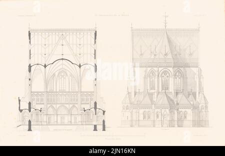 Otzen Johannes (1839-1911), St. Johanniskirche, Hamburg-Altona. (Aus: Atlas zur Zeitschrift für Gebäude, hrsg. v. F. Endell, Jg. 27, 1877.) (1877-1877): Choransicht, Schnitt. Druck auf Papier, 29,3 x 45,2 cm (inklusive Scankanten) Otzen Johannes (1839-1911): St. Johanniskirche, Hamburg-Altona. (Aus: Atlas zur Zeitschrift für Bauwesen, hrsg. v. F. Endell, Jg. 27, 1877) Stockfoto