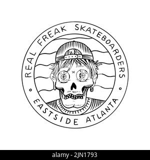 Skeleton Mann reiten auf den Brettern. Skateboard Shop Emblem. Schädel in einer Mütze. Vintage Retro-Label und Abzeichen für T-Shirts und Typografie. Von Hand Gezeichnet Stock Vektor