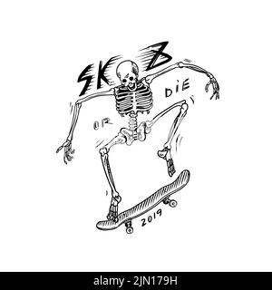 Skeleton Mann reiten auf den Brettern. Skateboard Shop Emblem. Feuriger Kopf und Schädel. Vintage Retro-Label und Abzeichen für T-Shirts und Typografie. Von Hand Gezeichnet Stock Vektor