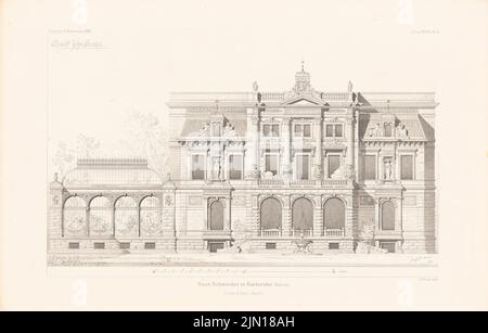 Durm Joseph (1837-1919), Palais Schmieder, Karlsruhe. (Aus: Atlas zur Zeitschrift für Bauwesen, Hrsg. v. Ministerium für öffentliche Arbeit, Jg. 39, 1889) (1889-1889): Blick nach Süden. Stich auf Papier, 29,3 x 45,9 cm (inklusive Scankanten) Durm Joseph (1837-1919): Palais Schmieder, Karlsruhe. (Aus: Atlas zur Zeitschrift für Bauwesen, hrsg. v. Ministerium der öffentlichen Arbeiten, Jg. 39, 1889) Stockfoto