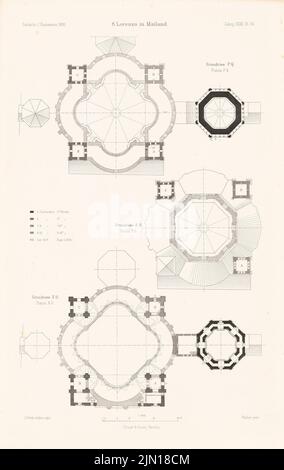 Kohte J., S. Lorenzo in Mailand. (Aus: Atlas zur Zeitschrift für Bauwesen, Hrsg. v. Ministerium für öffentliche Arbeit, Jg. 40, 1890) Zeichner (1890-1890): Grundriß PQ, RS, NR. Stich auf Papier, 45,5 x 28,8 cm (einschließlich Scankanten) Kohte Julius (1861-1945): S. Lorenzo, Mailand. (Aus: Atlas zur Zeitschrift für Bauwesen, hrsg. v. Ministerium der öffentlichen Arbeiten, Jg. 40, 1890) Stockfoto
