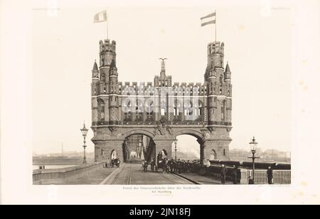C. O. Gleim & H. Engels, Straßenbrücke über die Norderelbe, Hamburg. (Aus: Atlas zur Zeitschrift für Bauwesen, Hrsg. v. Ministerium für öffentliche Arbeit, Jg. 40, 1890) (1890-1890): Blick auf den Brückenkopf. Druck auf Papier, 29,2 x 45,6 cm (inklusive Scankanten) C. O. Gleim & H. Engels : Straßenbrücke über die Norderelbe, Hamburg. (Aus: Atlas zur Zeitschrift für Bauwesen, hrsg. v. Ministerium der öffentlichen Arbeiten, Jg. 40, 1890) Stockfoto
