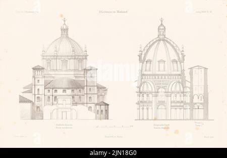Kohte J., S. Lorenzo in Mailand. (Aus: Atlas zur Zeitschrift für Bauwesen, Hrsg. v. Ministerium für öffentliche Arbeit, Jg. 40, 1890) (1890-1890): Blick nach Süden, diagonaler Schnitt. Stich auf Papier, 29,5 x 45,4 cm (einschließlich Scanränder) Kohte Julius (1861-1945): S. Lorenzo, Mailand. (Aus: Atlas zur Zeitschrift für Bauwesen, hrsg. v. Ministerium der öffentlichen Arbeiten, Jg. 40, 1890) Stockfoto
