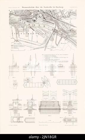 C. O. Gleim & H. Engels, Straßenbrücke über die Norderelbe, Hamburg. (Aus: Atlas zur Zeitschrift für Bauwesen, Hrsg. v. Ministerium für öffentliche Arbeit, Jg. 40, 1890) (1890-1890): Abteilung, Kürzungen. Lithographie auf Papier, 46,1 x 29,4 cm (inklusive Scankanten) C. O. Gleim & H. Engels : Straßenbrücke über die Norderelbe, Hamburg. (Aus: Atlas zur Zeitschrift für Bauwesen, hrsg. v. Ministerium der öffentlichen Arbeiten, Jg. 40, 1890) Stockfoto