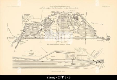 N.N., Schließbahnhof Hausbergen und Verlegung der Straßburger Route nach Kehl. (Aus: Atlas zur Zeitschrift für Bauwesen, Hrsg. v. Ministerium für Öffentlichkeit (1908-1908): Lageplan Bahnhof Hausbergen, Lageplan Bahnhof Strasbourg-Neudorf. Druck auf Papier, 29,8 x 46,2 cm (inkl. Scan-Kanten) N.N. : Schiebebahnhof Hausbergen und Verlegung der Strecke Straßburg bis Kehl. (Aus: Atlas zur Zeitschrift für Bauwesen, hrsg. v. Ministerium der öffentlichen Arbeiten, Jg. 58, 1908) Stockfoto