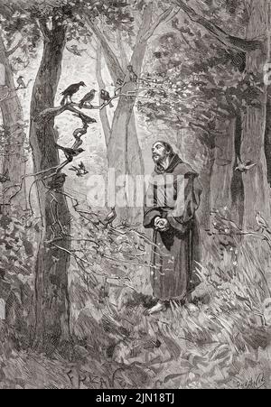 Der heilige Franziskus predigt den Vögeln. Franz von Assisi, geboren Giovanni di Pietro di Bernardone, 1181/1182 – 1226. Italienischer katholischer Mönch, Diakon und Prediger. Aus Histoire de France, veröffentlicht 1855. Stockfoto