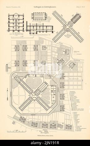 N.N., Gefängnis in Lüttringhausen. (Aus: Atlas zur Zeitschrift für Bauwesen, Hrsg. v. Ministerium für öffentliche Arbeit, Jg. 60, 1910) (1910-1910): Lageplan, Lageplan 3.-stöckiges Männergefängnis, Lageplan Kirche, aus dem Krankenhaus geschnitten, Querschnitt durch den Südwestflügel. Druck auf Papier, 45,8 x 29,5 cm (einschließlich Scankanten) N.N. : Gängnis, Lüttringhausen. (Aus: Atlas zur Zeitschrift für Bauwesen, hrsg. v. Ministerium der öffentlichen Arbeiten, Jg. 60, 1910) Stockfoto
