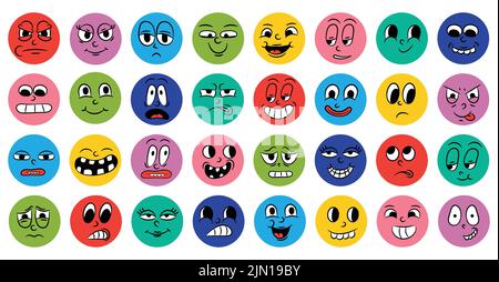 Set von Comic-Comic lustige Gesichter im Retro-Stil mit verschiedenen Ausdrucksformen von Emotionen. Abstrakte runde Ikonen von Köpfen emotionaler Charaktere. Emoji Stock Vektor