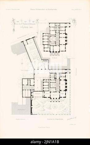 Durm Joseph (1837-1919), Palais Schmieder, Karlsruhe. (Aus: Atlas zur Zeitschrift für Bauwesen, hrsg. v. G. Erbkam, Jg. 38, 1888) (1888-1888): Grundriss EG, 2. EG. Stich auf Papier, 45,6 x 29,6 cm (inklusive Scankanten) Durm Joseph (1837-1919): Palais Schmieder, Karlsruhe. (Aus: Atlas zur Zeitschrift für Bauwesen, hrsg. v. G. Erbkam, Jg. 38, 1888) Stockfoto