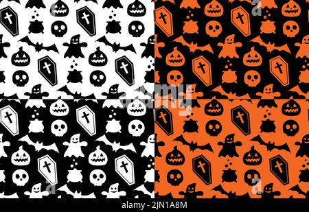 Nahtlos wiederholendes Muster mit Halloween-Symbolen. Design von Silhouetten für den Urlaub Halloween. Für Postkarte, Stoff, Banner, Vorlage, Verpackung Stock Vektor