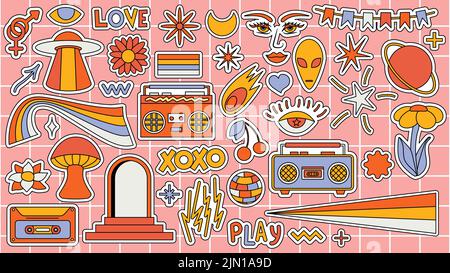 Set von Hipster Retro coolen psychedelischen Elementen. Sammlung Aufkleber von groovigen Cliparts aus dem 70s 60s. Collage mit trendiger Pop-Atmosphäre und Funky Stock Vektor