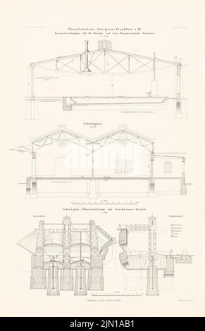 N.N., Hauptbahnhof in Frankfurt/Main. (Aus: Atlas zur Zeitschrift für Bauwesen, Hrsg. v. Ministerium für öffentliche Arbeit, Jg. 41, 1891) (1891-1891): Schneidet Lokschuppen, Zollschuppen, Hebevorrichtung. Lithographie auf Papier, 46 x 29,8 cm (einschließlich Scankanten) N.N. : Hauptbahnhof, Frankfurt Am Main. (Aus: Atlas zur Zeitschrift für Bauwesen, hrsg. v. Ministerium der öffentlichen Arbeiten, Jg. 41, 1891) Stockfoto