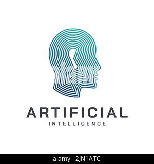 Künstliche Intelligenz und Logo-Vorlage für das menschliche Gesicht. Grid elektronische Schaltung, dynamische Linien und Punkte Symbol mit menschlichen Kopf und Kommunikation Vektor d Stock Vektor