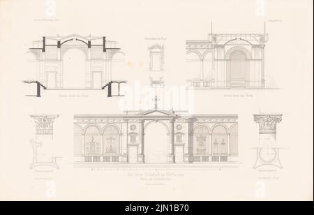 Durm Joseph (1837-1919), Neuer Friedhof, Karlsruhe. (Aus: Atlas zur Zeitschrift für Bauwesen, hrsg. v. G. Erbkam, Jg. 30, 1880) (1880-1880): Sichtportal mit Krypthallen, Durchschnitte durch das Portal, Details. Druck auf Papier, 29,4 x 45,8 cm (inklusive Scankanten) Durm Joseph (1837-1919): Neuer Friedhof, Karlsruhe. (Aus: Atlas zur Zeitschrift für Bauwesen, hrsg. v. G. Erbkam, Jg. 30, 1880) Stockfoto