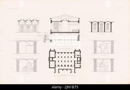 Durm Joseph (1837-1919), Neuer Friedhof, Karlsruhe. (Aus: Atlas zur Zeitschrift für Bauwesen, hrsg. v. G. Erbkam, Jg. 30, 1880) (1880-1880): Grundriß, Innenansichten, Schnitt durch das Leichenhaus, Details. Druck auf Papier, 29,7 x 45,6 cm (inklusive Scankanten) Durm Joseph (1837-1919): Neuer Friedhof, Karlsruhe. (Aus: Atlas zur Zeitschrift für Bauwesen, hrsg. v. G. Erbkam, Jg. 30, 1880) Stockfoto
