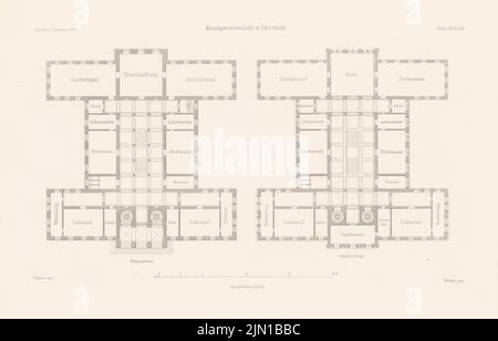 Müller Carl, Kunsthochschule Pforzheim. (Aus: Atlas zur Zeitschrift für Bauwesen, hrsg. v. G. Erbkam, Jg. 30, 1880) (1880-1880): Grundriss EG, 1. Ei. Stich auf Papier, 28,8 x 45 cm (inklusive Scan-Kanten) Müller Carl : Kunstgewerbeschule, Pforzheim. (Aus: Atlas zur Zeitschrift für Bauwesen, hrsg. v. G. Erbkam, Jg. 30, 1880) Stockfoto