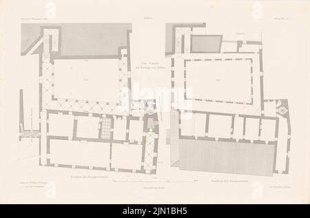 Böhm Th., Stadtpalais, Gubbio. (Aus: Atlas zur Zeitschrift für Gebäude, hrsg. v. F. Endell, Jg. 31, 1881) (1881-1881): Grundriss Hauptchos, 1.. Stock. Druck auf Papier, 29,8 x 45,3 cm (inklusive Scankanten) Böhm Th. : Stadtpalais, Gubbio. (Aus: Atlas zur Zeitschrift für Bauwesen, hrsg. v. F. Endell, Jg. 31, 1881) Stockfoto