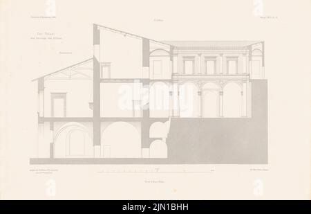 Böhm Th., Stadtpalais, Gubbio. (Aus: Atlas zur Zeitschrift für Gebäude, hrsg. v. F. Endell, Jg. 31, 1881) (1881-1881): Längsschnitt. Druck auf Papier, 29,3 x 45,6 cm (inklusive Scankanten) Böhm Th. : Stadtpalais, Gubbio. (Aus: Atlas zur Zeitschrift für Bauwesen, hrsg. v. F. Endell, Jg. 31, 1881) Stockfoto