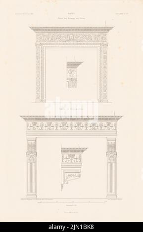 Böhm Th., Stadtpalais, Gubbio. (Aus: Atlas zur Zeitschrift für Gebäude, hrsg. v. F. Endell, geboren 31, 1881) (1881-1881): Ansichten, Details Kamin. Druck auf Papier, 45,4 x 29,2 cm (inklusive Scankanten) Böhm Th. : Stadtpalais, Gubbio. (Aus: Atlas zur Zeitschrift für Bauwesen, hrsg. v. F. Endell, Jg. 31, 1881) Stockfoto