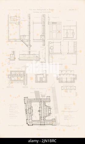 Canzler A., Neues Justizgebäude, Dresden. (Aus: Atlas zur Zeitschrift für Bauwesen, hrsg. v. G. Erbkam, Jg. 32, 1882) (1882-1882): Grundriss Keller, Ansichten, Ansichten, Schnitte, Grundrisse, schneidet Desinfektionsgebäude. Stich auf Papier, 46 x 28,4 cm (inklusive Scankanten) Canzler A. : Neues Justizgebäude, Dresden. (Aus: Atlas zur Zeitschrift für Bauwesen, hrsg. v. G. Erbkam, Jg. 32, 1882) Stockfoto