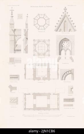 Adler Friedrich (1827-1908), St. Nicolaus-Kirche, Pritzwalk. (Aus: Atlas zur Zeitschrift für Bauwesen, hrsg. v. G. Erbkam, Jg. 34, 1884.) (1884-1884): Grundrisse, Details. Druck auf Papier, 45,4 x 29,6 cm (inklusive Scankanten) Adler Friedrich (1827-1908): St. Nicolaus-Kirche, Pritzwalk. (Aus: Atlas zur Zeitschrift für Bauwesen, hrsg. v. G. Erbkam, Jg. 34, 1884) Stockfoto