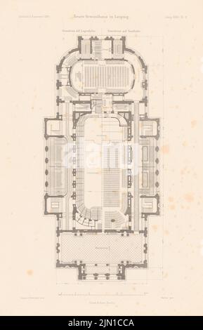 Gropius & Schmieden, neues Gewandhaus, Leipzig. (Aus: Atlas zur Zeitschrift für Gebäude, Hrsg. v. L.v.TIEDEMANN, Jg. 36, 1886) (1886-1886): Grundriss Saalhöhe und Logenhöhe. Stich auf Papier, 45 x 28,8 cm (inklusive Scan-Kanten) Gropius & Schmieden : Neues Gewandhaus, Leipzig. (Aus: Atlas zur Zeitschrift für Bauwesen, hrsg. v. L.v.Tiedemann, Jg. 36, 1886) Stockfoto