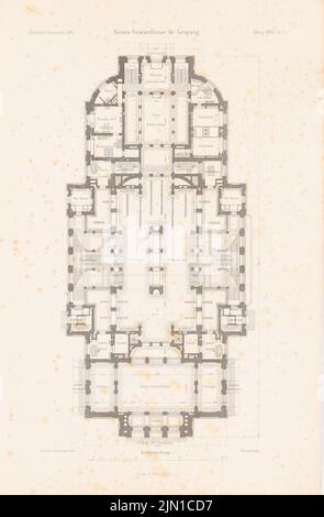 Gropius & Schmieden, neues Gewandhaus, Leipzig. (Aus: Atlas zur Zeitschrift für Gebäude, hrsg. v. L.v.tiemann, Jg. 36, 1886) (1886-1886): Grundriss EG. Stich auf Papier, 45,2 x 29,6 cm (inklusive Scan-Kanten) Gropius & Schmieden : Neues Gewandhaus, Leipzig. (Aus: Atlas zur Zeitschrift für Bauwesen, hrsg. v. L.v.Tiedemann, Jg. 36, 1886) Stockfoto