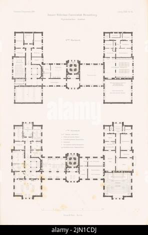 Eggert Hermann (1844-1920), Kaiser-Wilhelms-Universität, Straßburg. (Aus: Atlas zur Zeitschrift für Bauwesen, hrsg. v. G. Erbkam, Jg. 34, 1884.) (1884-1884): Grundriss 1., 2. Stock Physical Institute. Stich auf Papier, 45,5 x 30 cm (inklusive Scan-Kanten) Eggert Hermann (1844-1920): Physikalisches Institut der Kaiser-Wilhelms-Universität Straßburg. (Aus: Atlas zur Zeitschrift für Bauwesen, hrsg. v. G. Erbkam, Jg. 34, 1884) Stockfoto