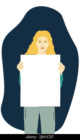 Eine Frau, die ein leeres Plakat in den Händen hielt, um gegen einen Protest zu protestieren. Ein Ort für Ihren Text. Stock Vektor