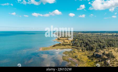 Verträumte Drohne Aufnahme einer estnischen Insel namens Muhu mit Blick auf Wald, Meer und Strand Stockfoto