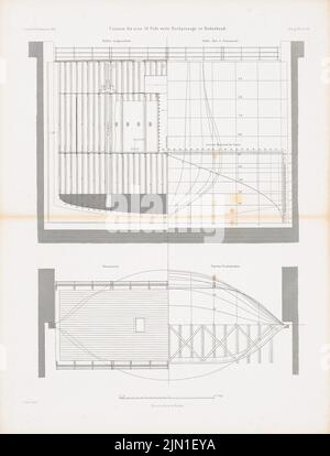 Nur J., Dockpassage, Birkenhead. (Aus: Atlas zur Zeitschrift für Bauwesen, hrsg. v. G. Erbkam, Jg. 14, 1864): Grundriß, Ansichten, Längsschnitt. Stich auf Papier, 59,2 x 45,1 cm (einschließlich Scankante). Architekturmuseum der Technischen Universität Berlin Inv. Nr. ZFB 14,023. Justen J. : Dockpassage, Birkenhead. (Aus: Atlas zur Zeitschrift für Bauwesen, hrsg. v. G. Erbkam, Jg. 14, 1864) Stockfoto