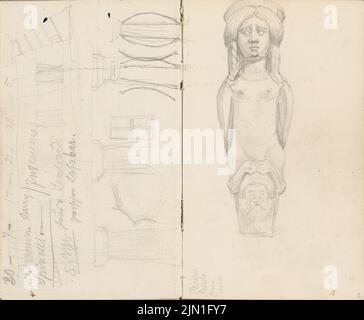 Gropius Martin (1824-1880), Skizzenalbum 4: Reiseskizzen aus Athen, Venedig und Padua: Palazzo Vendramin, Venedig. Sphinx-Karyatide, Venedig (ohne dat.): Details Palazzo, Ansicht Karyatide. Bleistift auf Papier, 16,4 x 19,9 cm (inklusive Scan-Kanten) Gropius Martin (1824-1880): Skizzenalbum 4: Reiseskizzen aus Athen, Venedig und Padua: Palazzo Vendramin Calergi, Venedig. Sphinx-Karyatide, Venedig Stockfoto