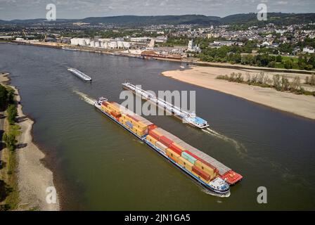 Bendorf, Deutschland. 02. August 2022. Der Schlepper 'Alorba' passiert die Insel Graswerth am Rhein in der Nähe der Stadt Koblenz. Der Wasserstand sinkt und die Flussufer trocknen aufgrund der Dürre in Deutschland. Quelle: Thomas Frey/dpa/Alamy Live News Stockfoto