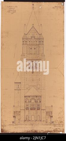 Schwechten Franz (1841-1924), königliche Residenz Schloss Posen, Posen: Ansicht Turm und Kapelle Südseite 1:50. Leichter Bruch auf Transparent, 156,4 x 77 cm (einschließlich Scankante). Architekturmuseum der Technischen Universität Berlin Inv. Nr. FB 053,1200. Schwechten Franz (1841-1924): Königliches Residenzschloss Posen, Posen Stockfoto