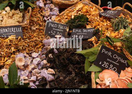 Verschiedene Pilze an einem Imbissstand auf dem Londoner Stadtmarkt Stockfoto