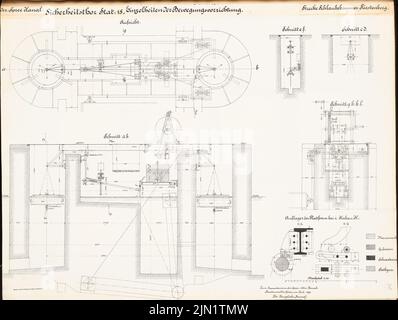 N.N., Ablassschleuse im oder-Spree-Kanal auf der Strecke zwischen Schlaubehammer und Fürstenberg/OR (07,1889): Sicherheitsziel, stat. 15: Ansichten, Grundriß, Schnitte, Details 1:20, 1: 2. Lithographie auf Papier, 49,5 x 65,7 cm (einschließlich Scankanten) N.N. : Oder-Spree-Kanal. Ablassschleuse auf der Strecke zwischen Schlaubehammer und Fürstenberg/oder Stockfoto