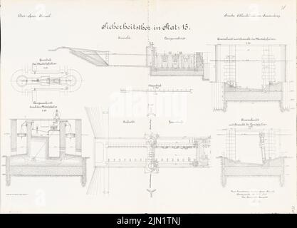 N.N., Ablassschleuse im oder-Spree-Kanal auf der Strecke zwischen Schlaubehammer und Fürstenberg/OR (07,1889): Sicherheitsziel, stat. 15: Ansichten, Lageplan, Schnitt 1:50, 1: 100. Lithographie auf Papier, 48,6 x 67,6 cm (einschließlich Scankanten) N.N. : Oder-Spree-Kanal. Ablassschleuse auf der Strecke zwischen Schlaubehammer und Fürstenberg/oder Stockfoto